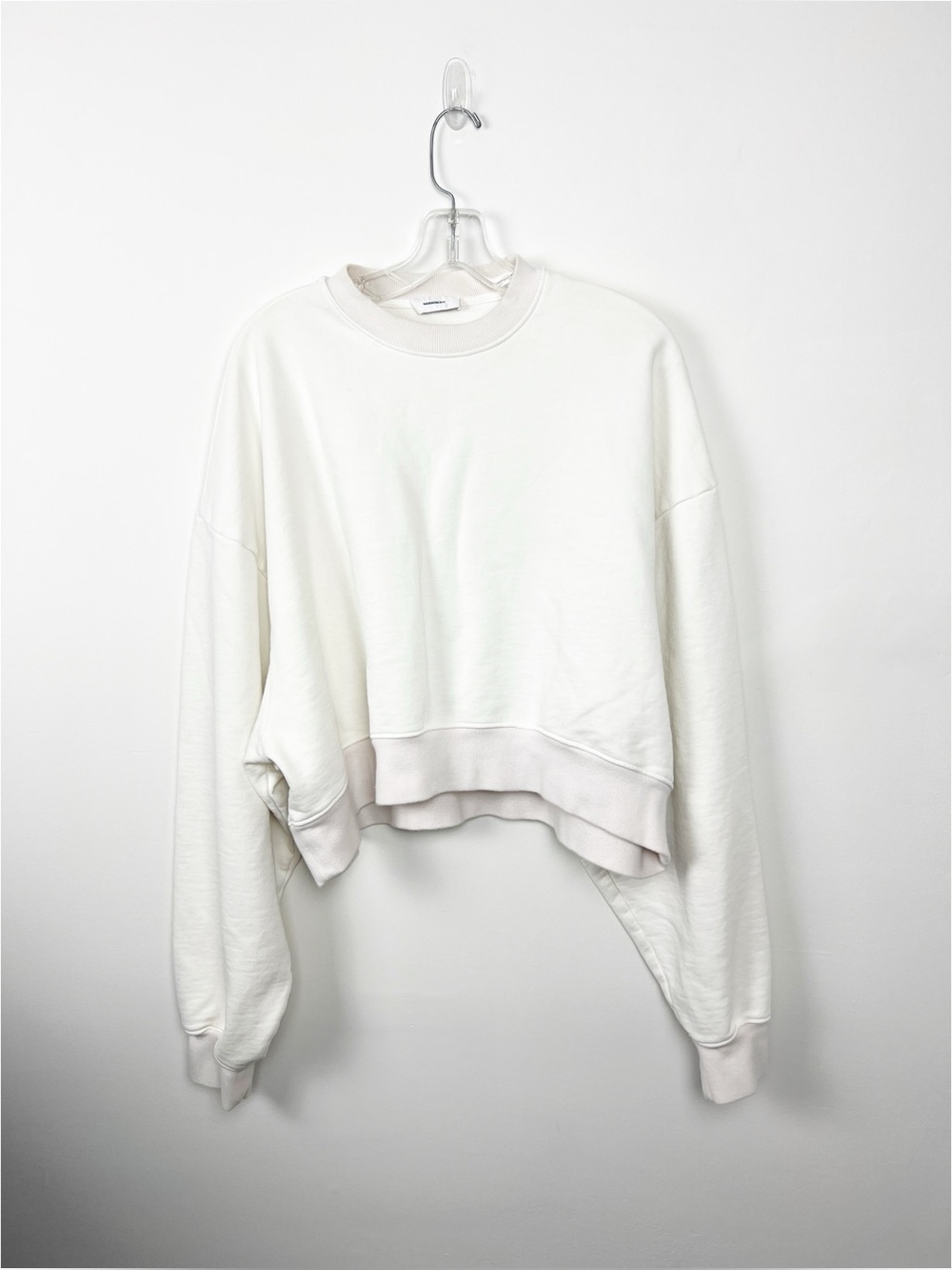 WARDROBE.NYC Boxy Cropped White Crewneck Sweatshirt w Pale Pink Trim M